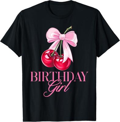 Funny Birthday Girl Cherry Coquette Bow Cute Bday Women Kids T-Shirt