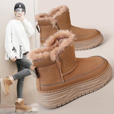 Осенне-зимняя корейская версия зимних ботинок Plus Velvet Snow Boots, женские однотонные ботинки среднего размера с увеличенным верхом, повседневные теплые хлопковые ботинки