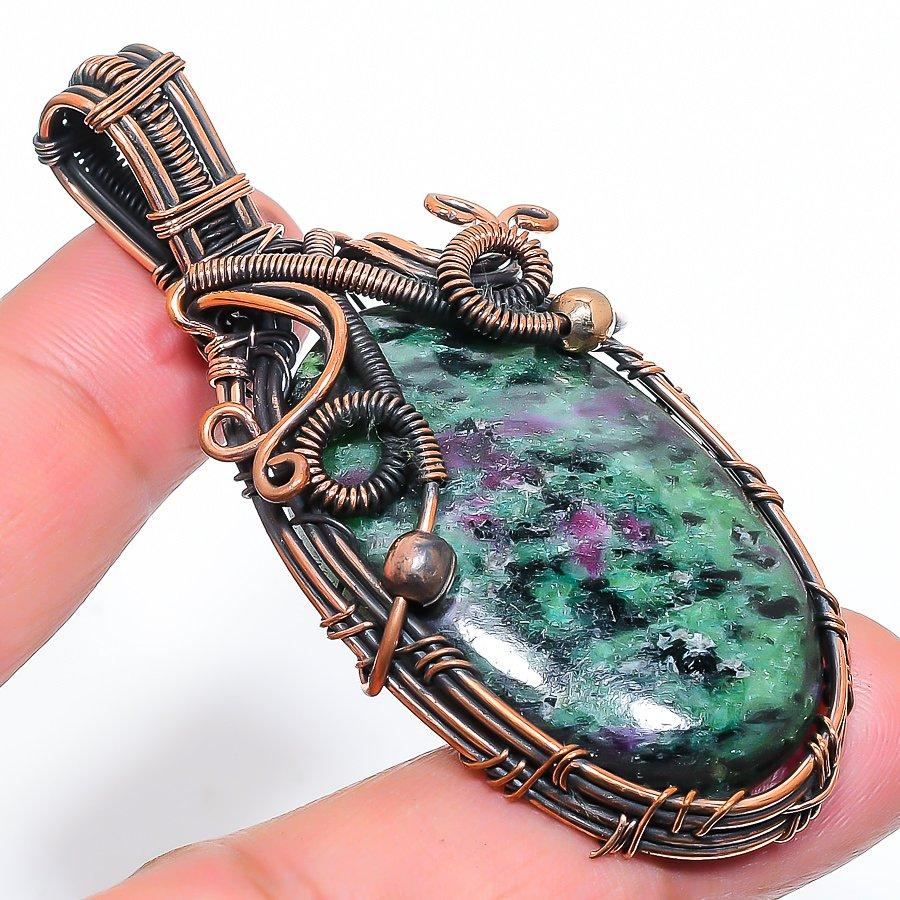 Ruby Zosite Lab-Created Handmade Copper Wire Wrap Jewelry Pendant 2.76" N6d80