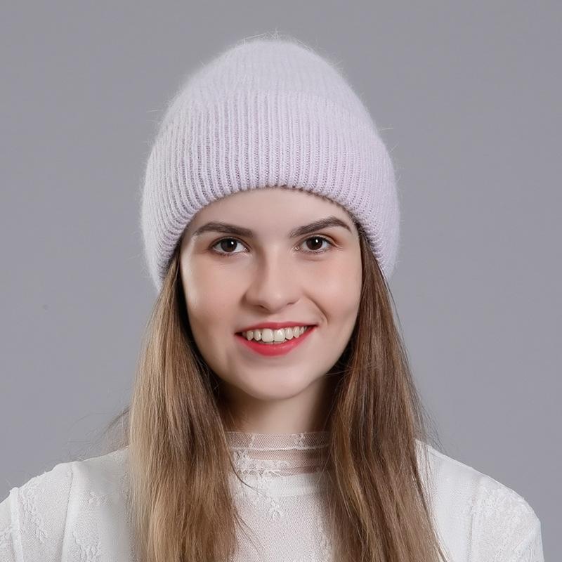 Women Autumn Winter Versatile Rabbit Hair Warm Knitted Wool Solid Color Pullover Hat