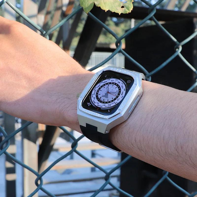 Роскошный комплект для модификации для Apple Watch 8 7 44 мм 45 мм 40 мм 41 мм Корпус из нержавеющей стали Резиновый спортивный ремешок для IWatch Series 6 5 4