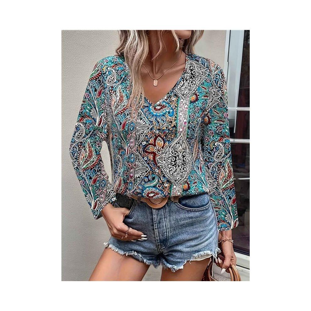 Women'S Bohemian Print V-Neck Long Sleeve Casual Blouses Shirts 1-Mixed Colors XXL