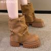 Fashion Women Suede Platform Ankle Boots Winter Mid Heels Shoes Woman 2025 Trend Designer New Snow Dress Motorcycle Boots Mujer Botas