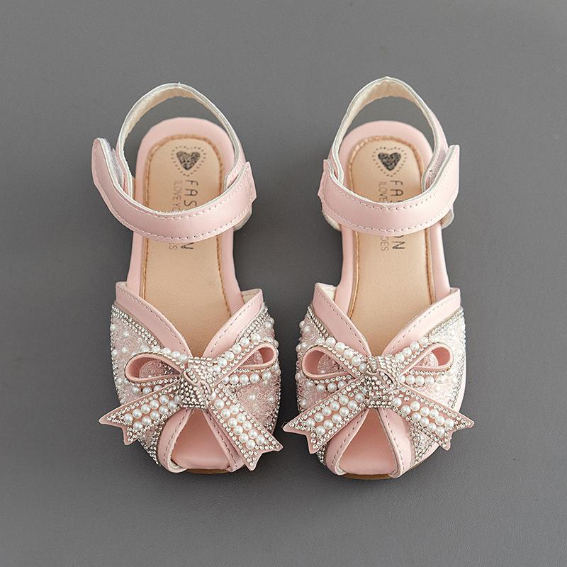 Rhinestone Pearl Bowknot Sandals for Girls Summer 2024 Princess Party Dance Sandals Children Beach Sandals Flats Kids Chic Shoes