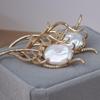 Vintage Floral Baroque Freshwater Pearl Brooch with Gold-Plated Copper and Zircon Accents