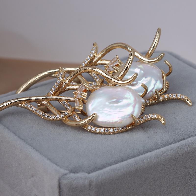 Vintage Floral Baroque Freshwater Pearl Brooch with Gold-Plated Copper and Zircon Accents