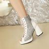 Plus Size Sequin Fabric Stitching PU Cross Lace Up Women's Sandals Ultra High Thick Heel Peep Toe Shoes Glitter Material Sandals