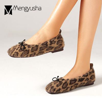 Модные женские туфли на плоской подошве с леопардовым принтом и квадратным носком, мокасины с мехом, женские зимние плюшевые туфли, мокасины из флиса, большие размеры 35-42