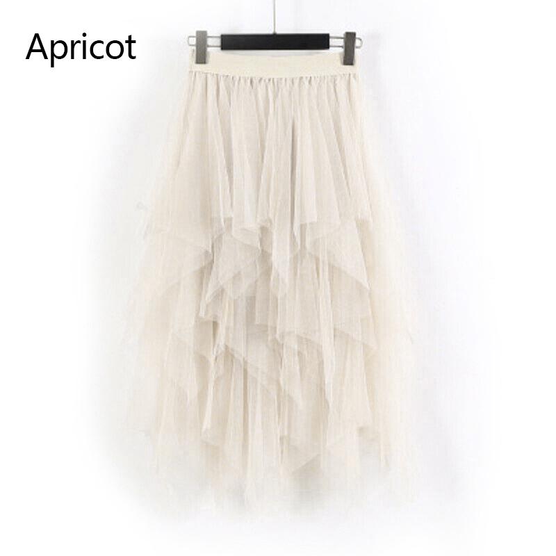 Женская мода Асимметричная высокая талия с оборками Сетчатая пачка из тюля Длинная юбка-миди Черный, белый, розовый