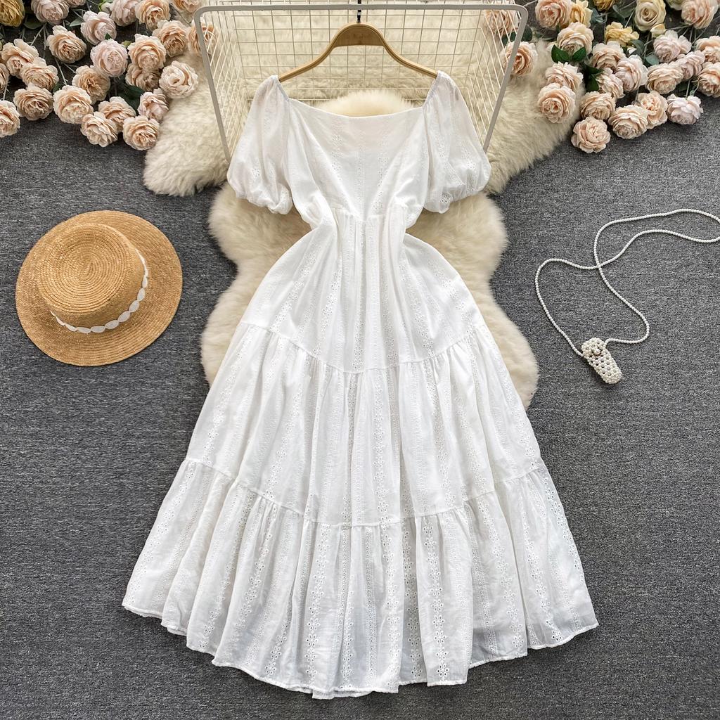 Summer Bohemian White Dress for Women Clothing Hollowed Out Square Neck Reduced Age Puff Sleeves Slim Embroidered Long Dress