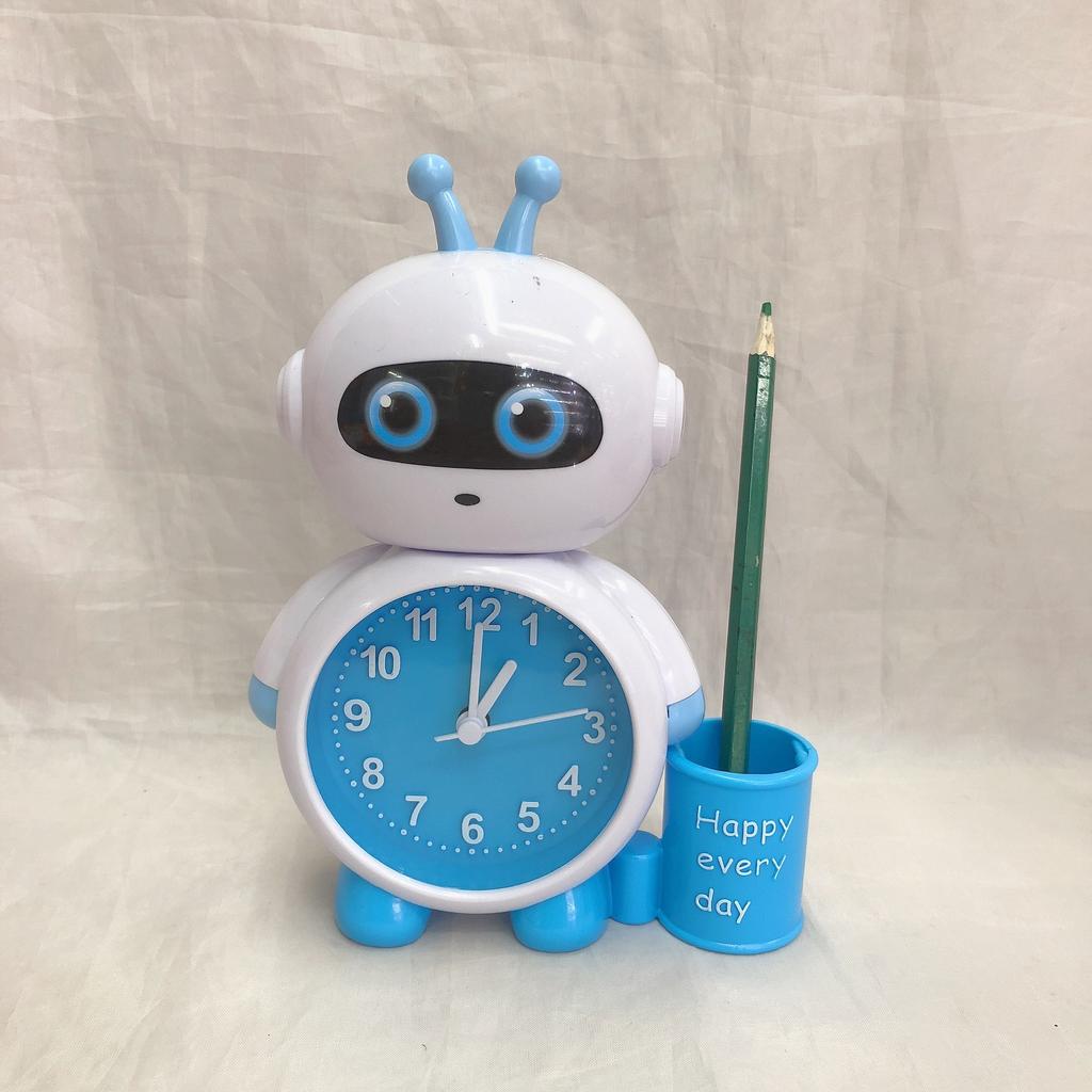 Cute Children's Small Alarm Clock Robot Desktop with Pen Holder Children's Bedside Wake Up Cartoon Small Alarm Clock Student