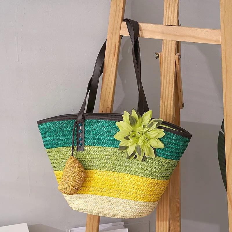 Knitted Straw Bag Summer Flower Bohemia Fashion Women's Handbags Color Stripes Shoulder Bags Beach ARI