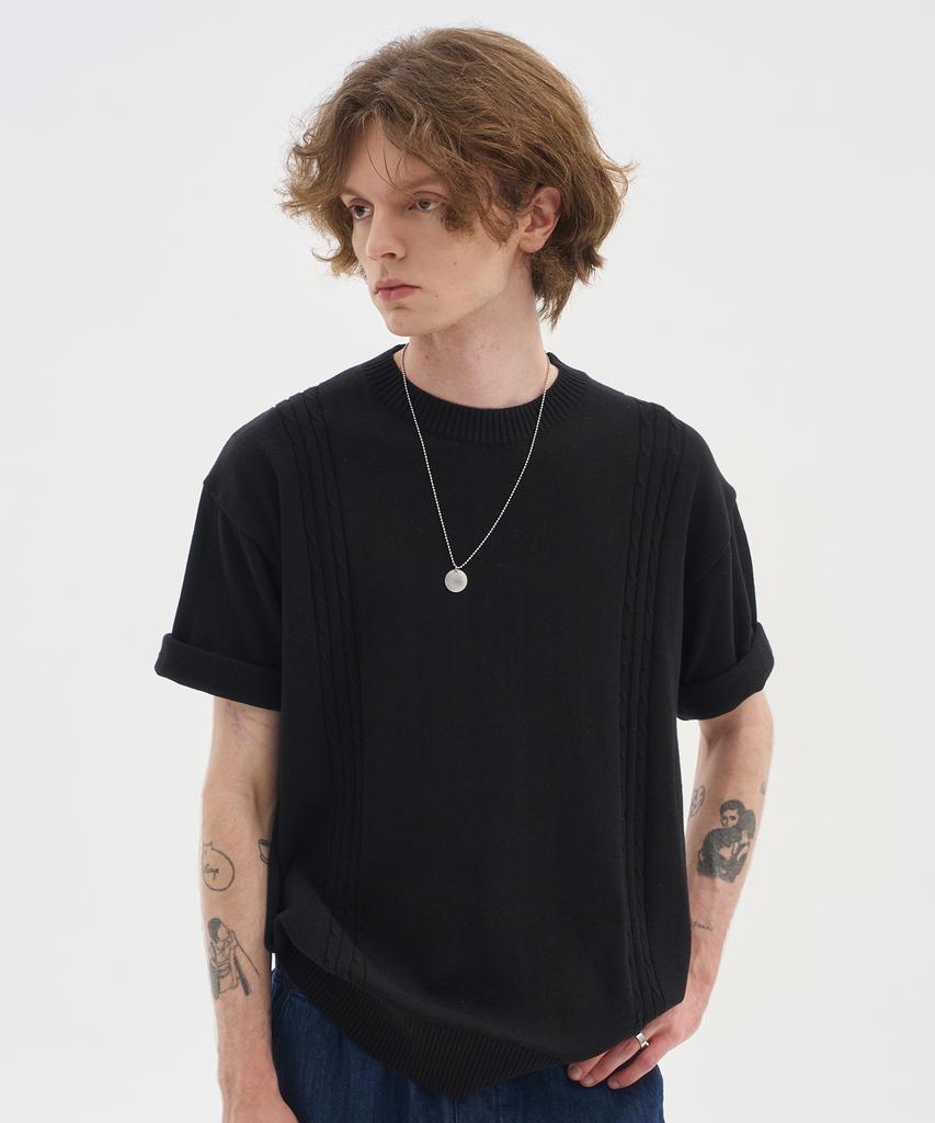 BLOND9 Soft Cable Round Short Sleeve Knit_Black