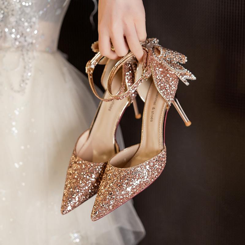 Летние роскошные женские модные босоножки с острым носком, блестками, стразами, бантом, кристаллами, на высоком каблуке, для вечеринки, свадьбы