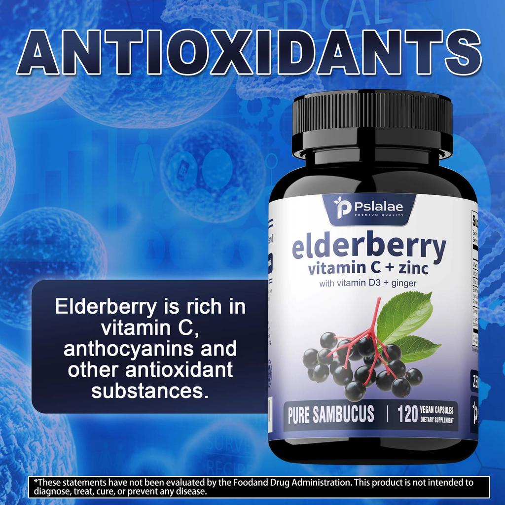 Pslalae Elderberry Capsules, containing Vitamin C and Zinc, suitable for adults.