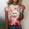 Colorful Animal 3D Printed T-shirt with Floral Cat Pattern Summer Fashion Street T-shirt Round Neck Top Short Sleeved Shirt