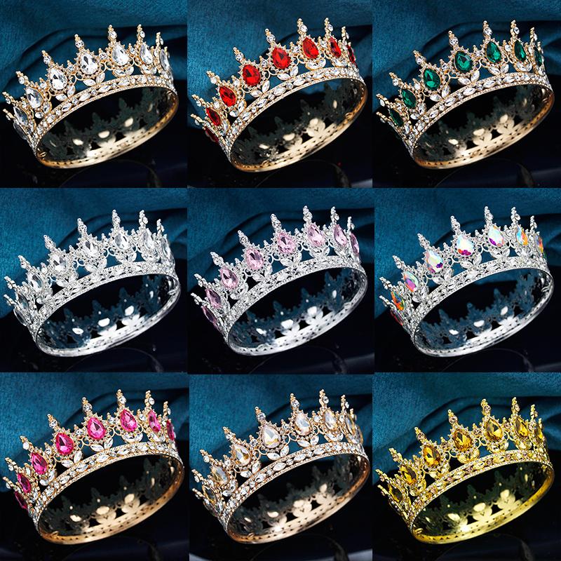 Baroque Round Crown for Bridal Wedding Royal Queen King Tiara Birthday Party Performance Head Accessories Diadem Jewelry