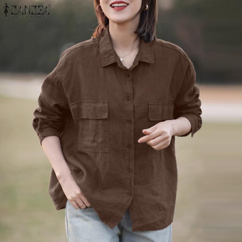 ZANZEA Женская повседневная блузка с отложным воротником и длинным рукавом