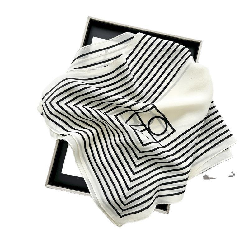 Black and White Paper Pattern Mulberry Silk Silk Scarf Women's Long Strip Simple and Versatile Silk Small Scarf Spring and Autumn Thin Silk Scarf