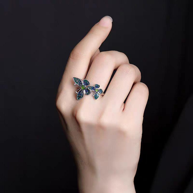 Кольцо с эмалированной двойной бабочкой: Ретро этнический женский литературный стиль, живые и изысканные украшения ручной работы.