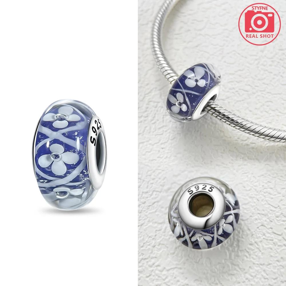 925 Silver Bracelet Women DIY Gift Murano Jewelry with Flower Blue Star Green Turtle Glass Beads