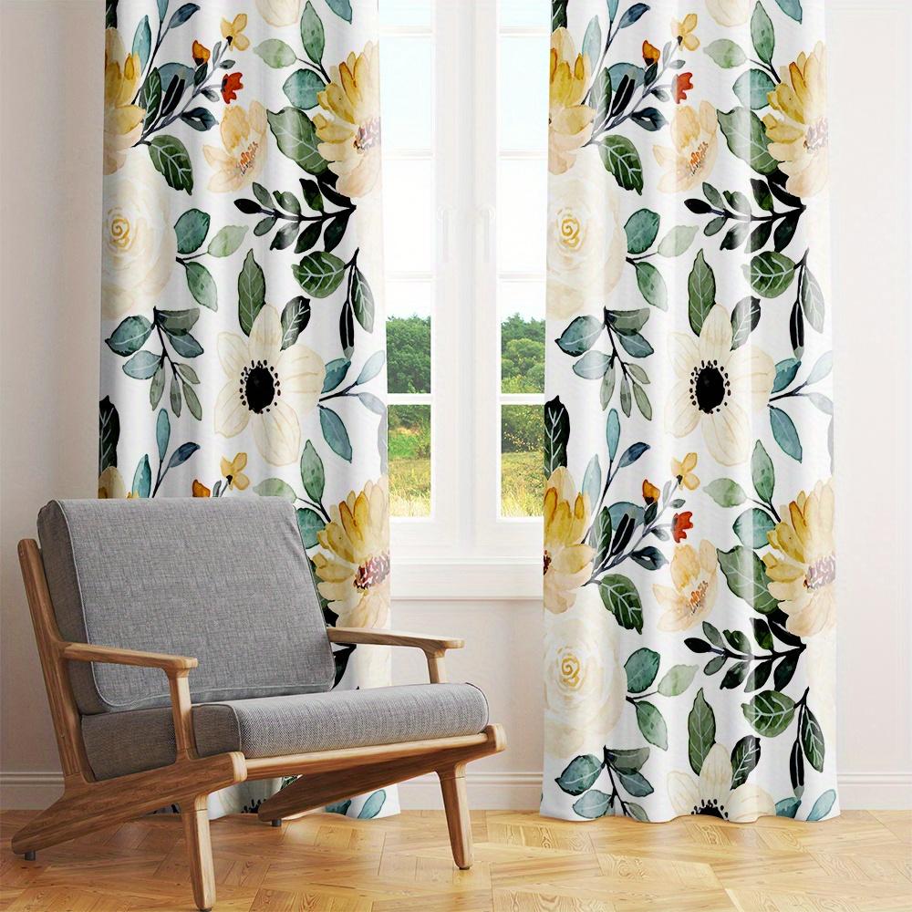 2Pc Yellow Floral And Green Leaf Pattern Curtains, Polyester Fabric, Machine Washable, Suitable For Living Room, Bedroom