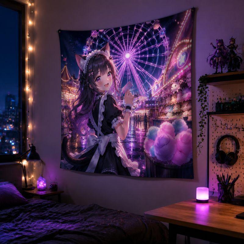 Galaxy Cat Maid Anime Blacklight Tapestry Neon Wall Hanging Kawaii Gaming Bedroom Dorm Decor