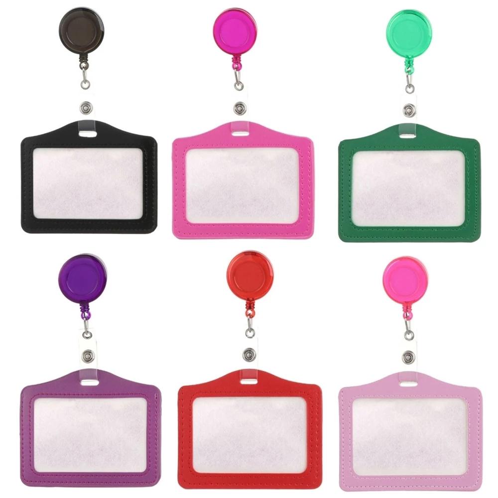 PU Leather Card Holder Clip ID Badge Holder Name Card Holder Retractable Badge Reels Nurse Doctor