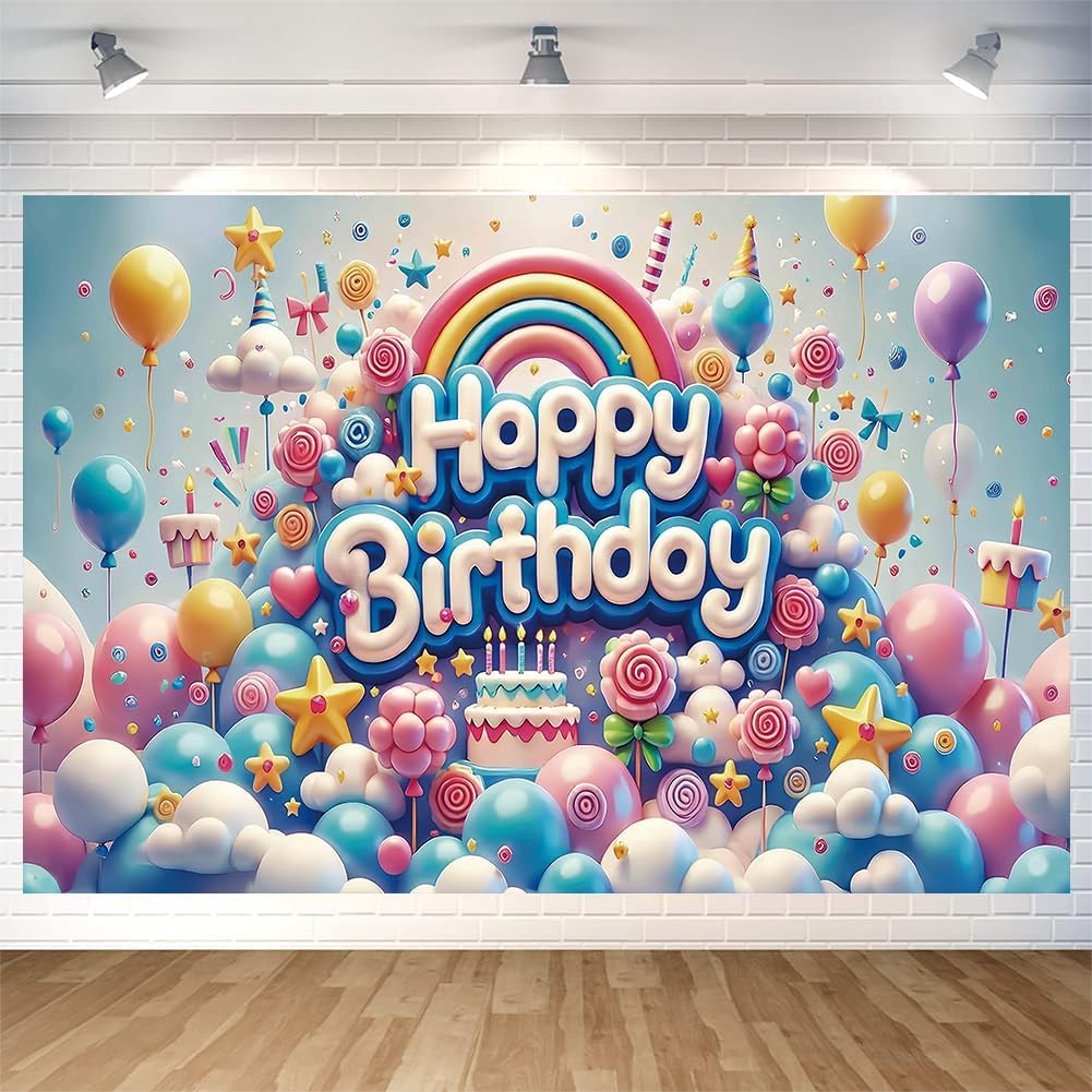 Colorful Happy Birthday Backdrop Banner 3D Bright Balloon Cake Rainbow Photography Background for Kids Girls Birthday Pa