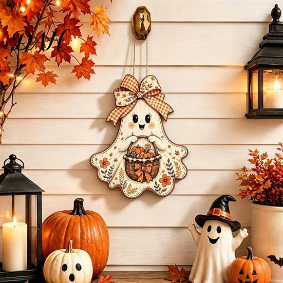 Rustic Harvest Wall Art Cute Bow Ghost Hanging Sign, Retro Floral Door Sign with Pumpkin Halloween Party Background Decor Basket, Vintage Wooden