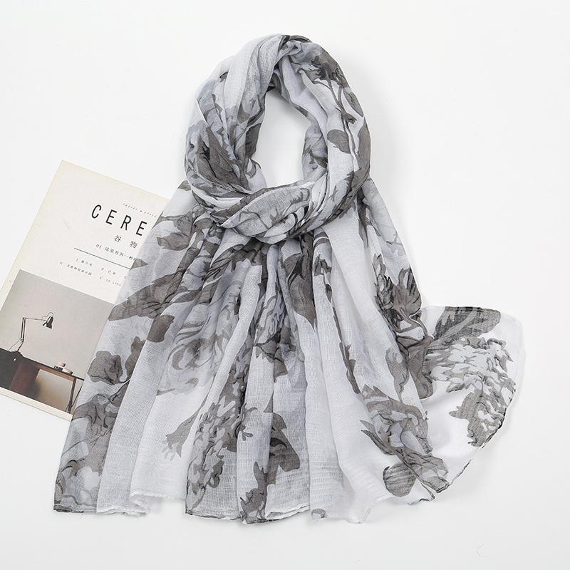 Spring and Autumn New Plant Flower Printing Versatile Bali Yarn Cotton and Linen Feel Scarf Elegant Sunscreen Shawl Women