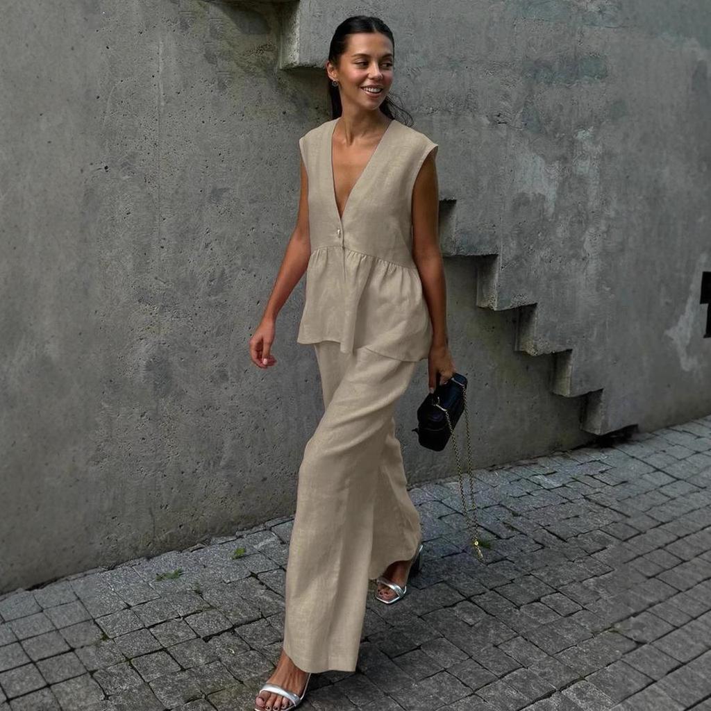 2025 Women's Solid Color Cotton V-neck Sleeveless Top & Long Pants Two-Piece Set – European and American Style