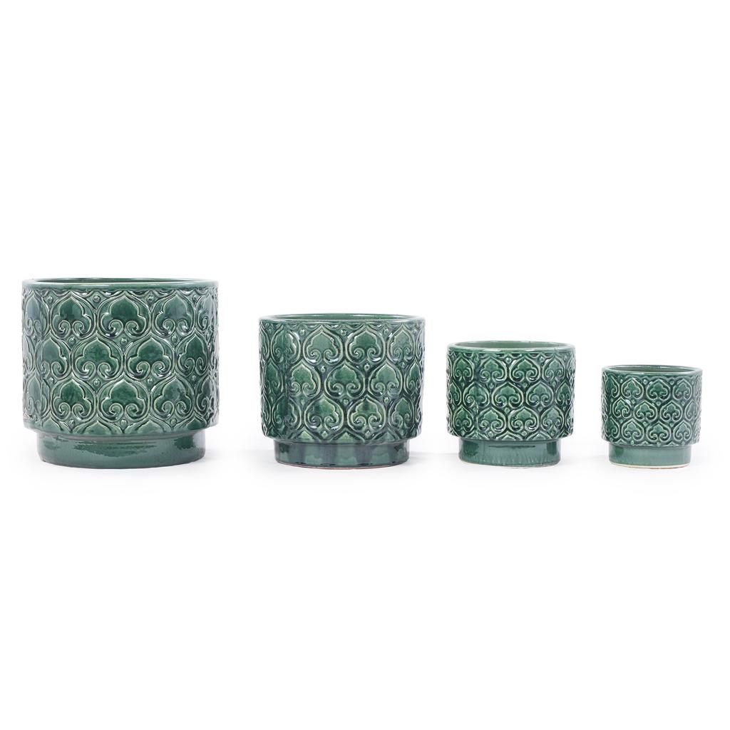 Mini Small Ceramic Plant Pot diameter 19 cm, Glossy Rich Green Heart-Ornament Relief, Breathable Drainage Hole for Mini Succulents and Desktop Herbs