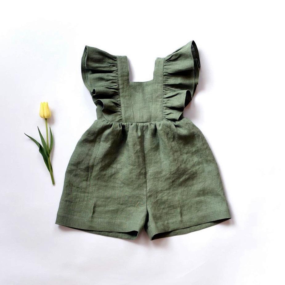 Fashion Baby Girl Linen Cotton Ruffled Jumpsuit Summer Infant Toddler Child Strap Romper Outfit Solid Color Baby Clothes 0-3Y