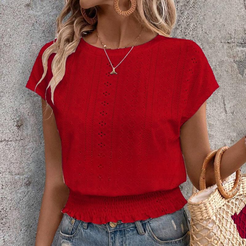 Летняя повседневная блузка с круглым вырезом из жаккарда с коротким рукавом, милые свободные женские рубашки, топы, элегантные однотонные узкие белые блузки для отпуска 26365
