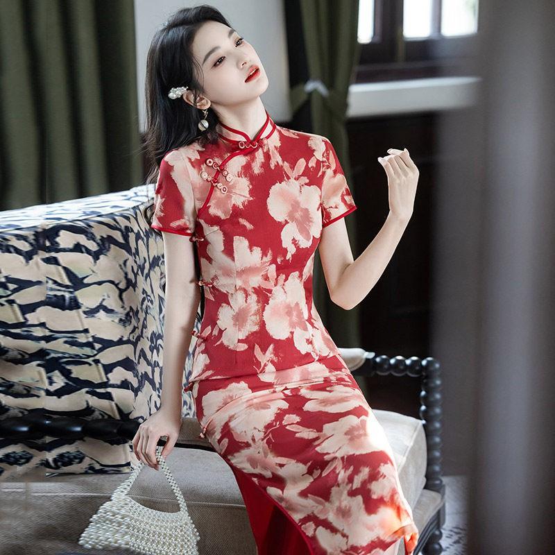 Red Long Cheongsam Dress Women 2026 Vintage Style Modern Chinese-Inspired Maxi With Mandarin Collar