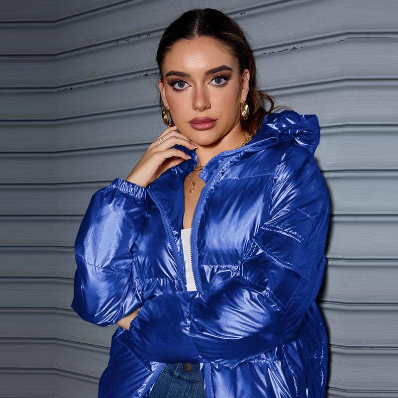 Зимняя модная блестящая куртка-пуховик с капюшоном для женщин с длинным рукавом, однотонная, облегающая, теплая, хлопковая куртка-парка