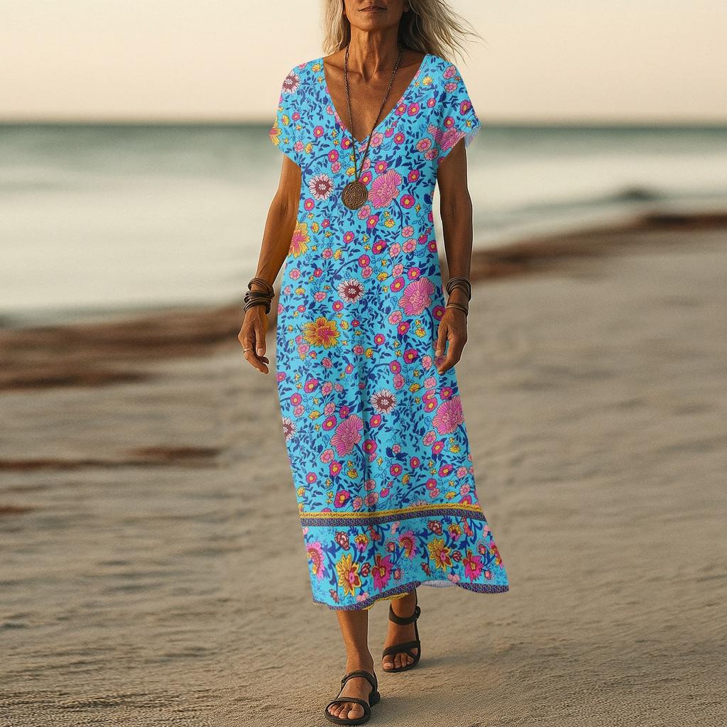 Летнее платье Женское длинное платье бохо для пляжа Элегантное платье макси V-образный вырез Короткий рукав Летнее платье-туника Легкое воздушное