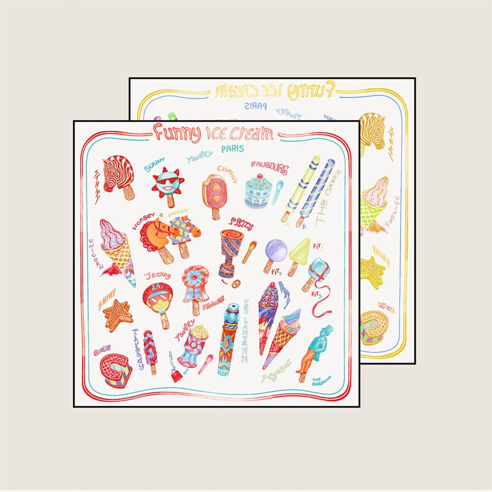 POBING Curled Twill Silk Scarf Women Funny ICE CREAM Double Side Printed Square Scarves Wraps Echarpes Foulards Femme Hijab 70CM