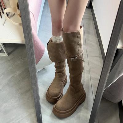 Зимний уличный стиль Толстый каблук Женские ботфорты выше колена Рыцарские ботинки Модные С отворотом Два способа носить Обувь Женские Стройнящие ботильоны выше бедра