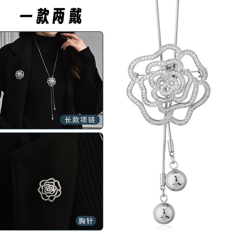 Suijue Pearl Sweater Chain Two Wear Crystal Flower Long Necklace Titanium Steel National Style Two Wear Function