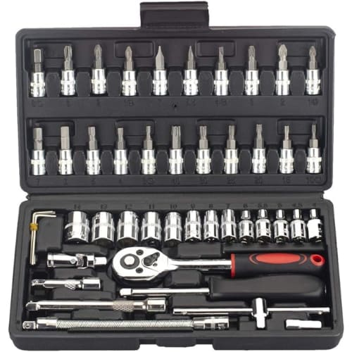 46-Piece Socket Wrench and Ratchet Wrench Set with 6.3mm (1/4") Drive, Automotive Repair Tools, 45 Gears, for Car Maintenance, Inspection, Bicycle Rep
