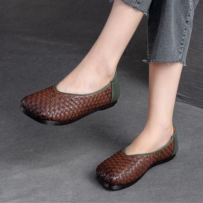 Винтажные универсальные плетеные туфли из натуральной кожи на плоской подошве, туфли без шнуровки ручной работы с квадратным носком и мелкой мягкой подошвой