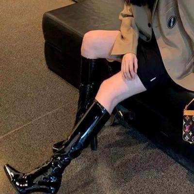 Универсальные лакированные ботильоны Kendall - Женские массивные высокие каблуки, Новые европейско-американские ботинки Мартина до середины икры 2025 года для осени/зимы