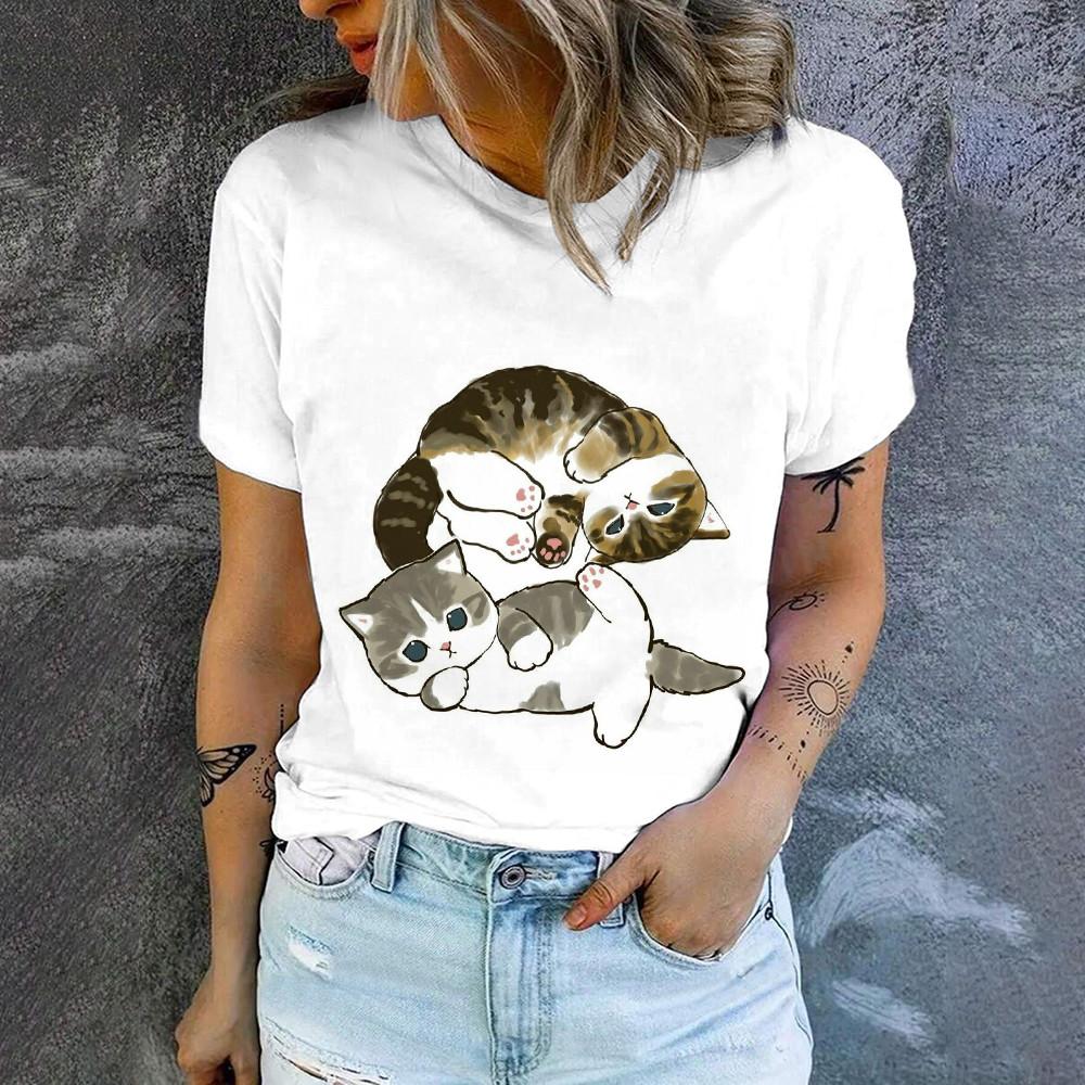 Cute Cat Print High Quality Short Sleeve Street Fashion Loose Round Neck T-shirt Summer New Casual Comfortable Women's T-shirt
