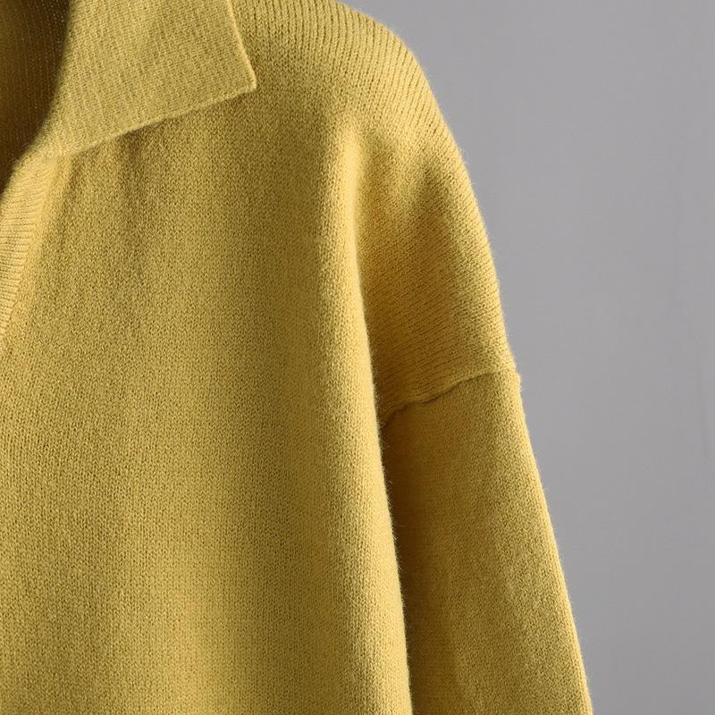 Осенне-зимний однотонный вязаный костюм для женщин, большие широкие брюки с воротником-поло, комплект из двух предметов