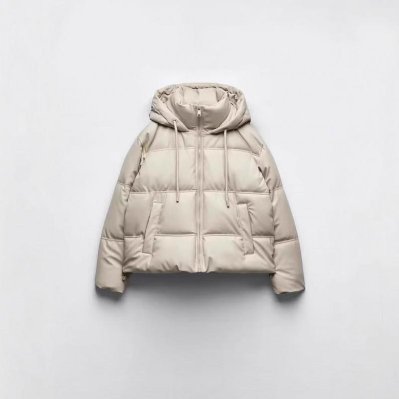 Womens Winter Faux Leather Puffer Jacket Hooded Warm Casual Coat