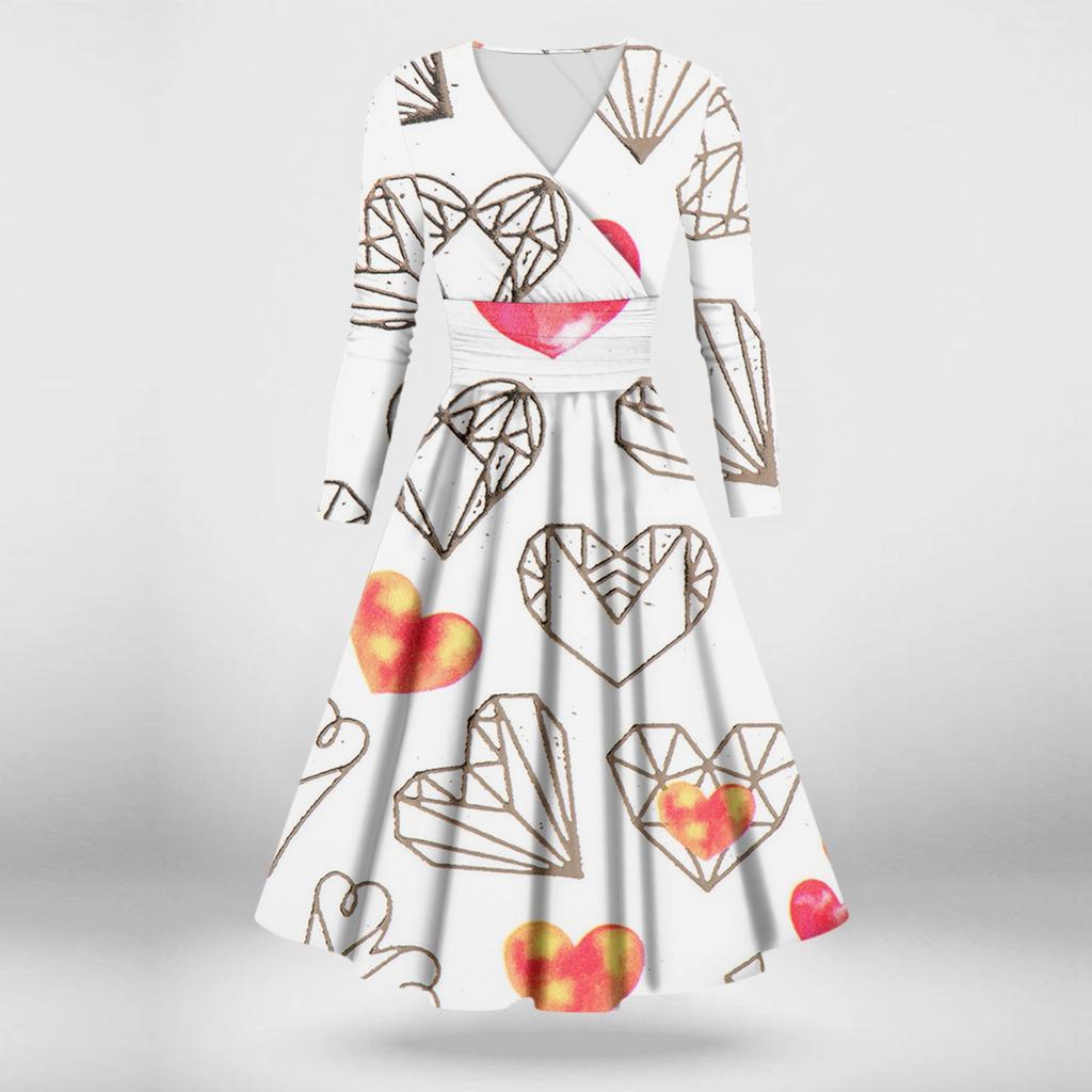 Женская мода повседневное сексуальное платье с длинным рукавом и v-образным вырезом с принтом ко Дню святого Валентина