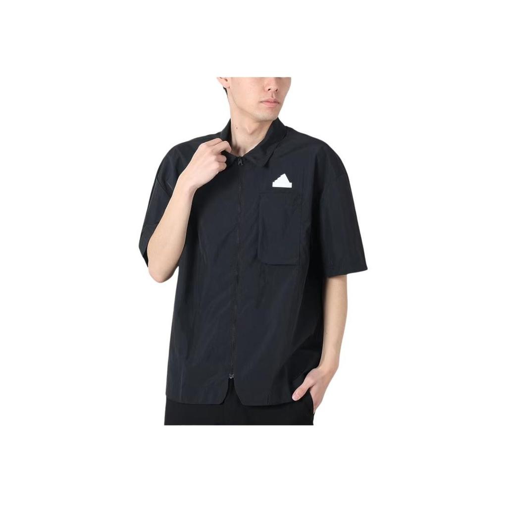 Adidas Logo Embroidered Zip-Up Short Sleeve Shirt Men Tops Black IR5188