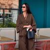 1116 Women's Autumn Set Premium Cotton Lazy Wind V-Neck Loose Top Wide Leg Pants Two-piece Set